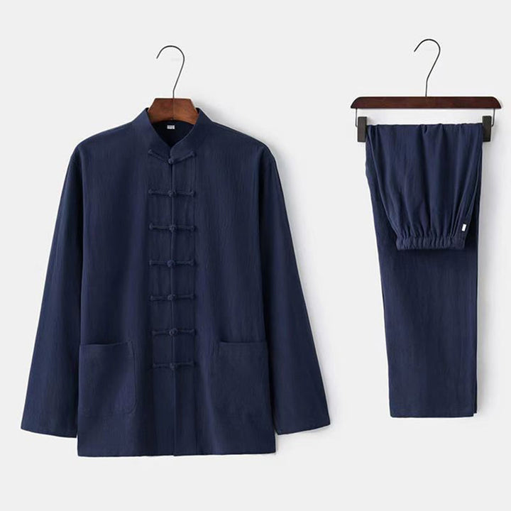 Ensemble pour homme 2 pièces Buddha Stones Tang : chemise à manches longues et pantalon, uniforme traditionnel à boutons griffés. - Marine - US/UK/AU44，EU54 (5XL) - image 10