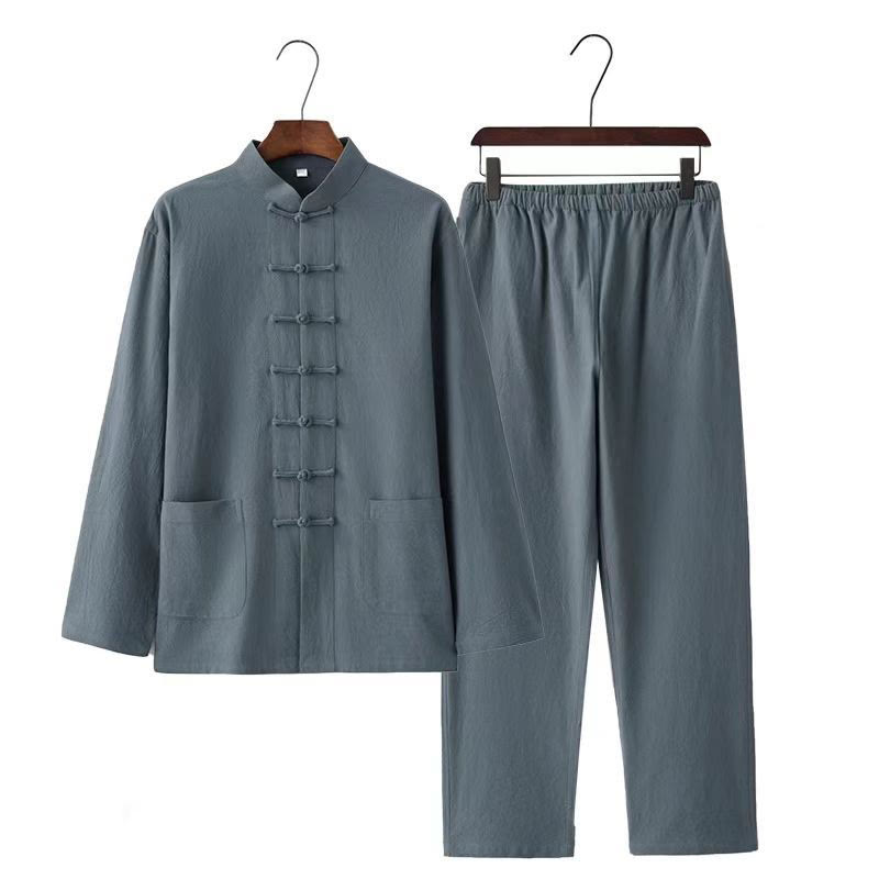 Ensemble 2 pièces de costume Tang traditionnel avec boutons de Buddha Stones et chemise à manches longues et pantalon pour homme - image 12