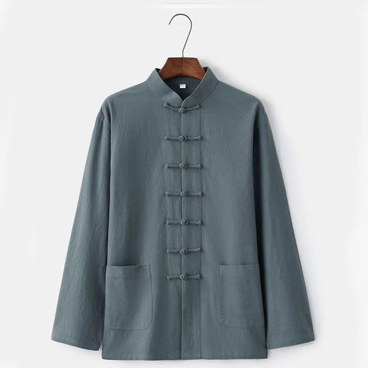 Ensemble 2 pièces de costume Tang traditionnel avec boutons de Buddha Stones et chemise à manches longues et pantalon pour homme - image 8