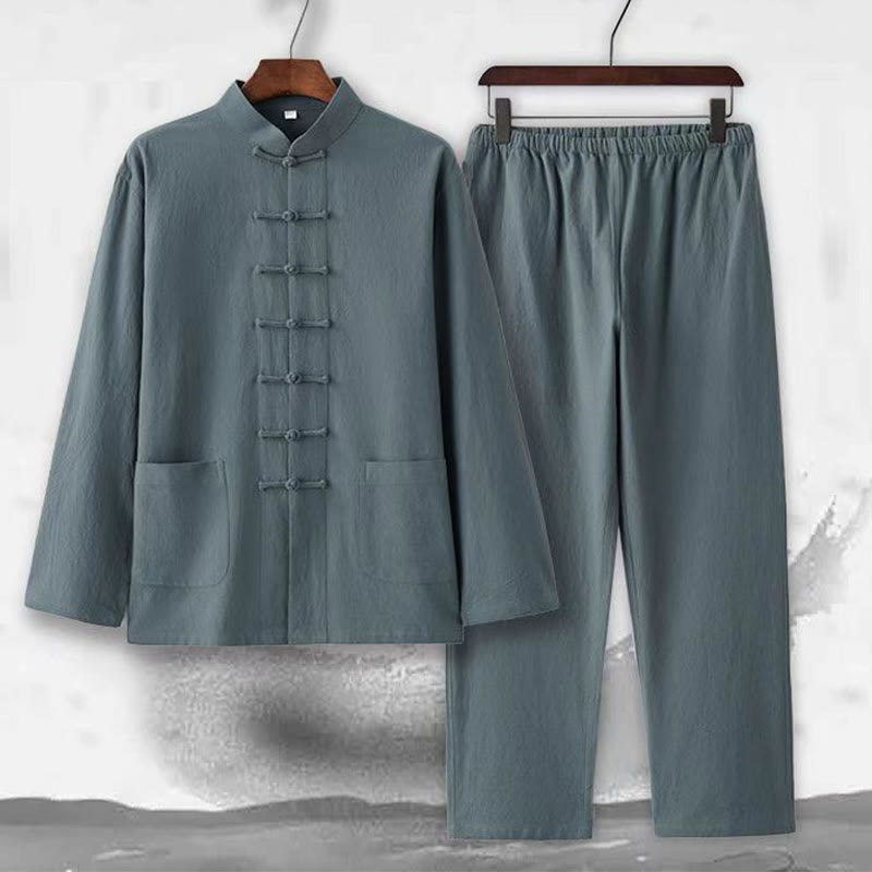 Ensemble 2 pièces de costume Tang traditionnel avec boutons de Buddha Stones et chemise à manches longues et pantalon pour homme - image 7