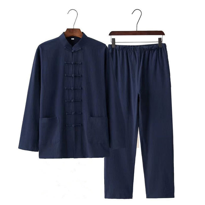 Ensemble 2 pièces de costume Tang traditionnel avec boutons de Buddha Stones et chemise à manches longues et pantalon pour homme - image 16