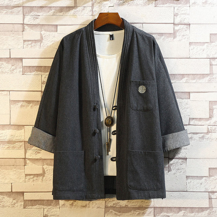 Veste de costume Tang à boutons de grenouille pour hommes Buddha Stones, chemise à manches trois-quarts avec poches