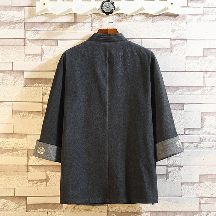 Veste de costume Tang à boutons de grenouille pour hommes Buddha Stones, chemise à manches trois-quarts avec poches