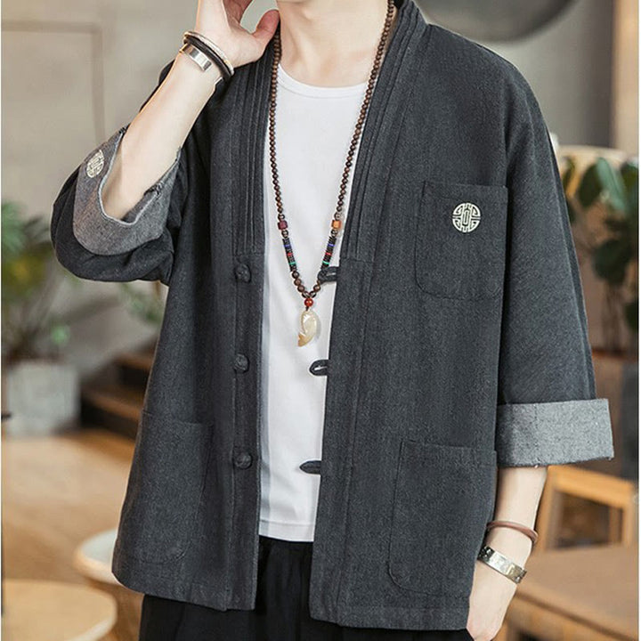 Veste de costume Tang à boutons de grenouille pour hommes Buddha Stones, chemise à manches trois-quarts avec poches