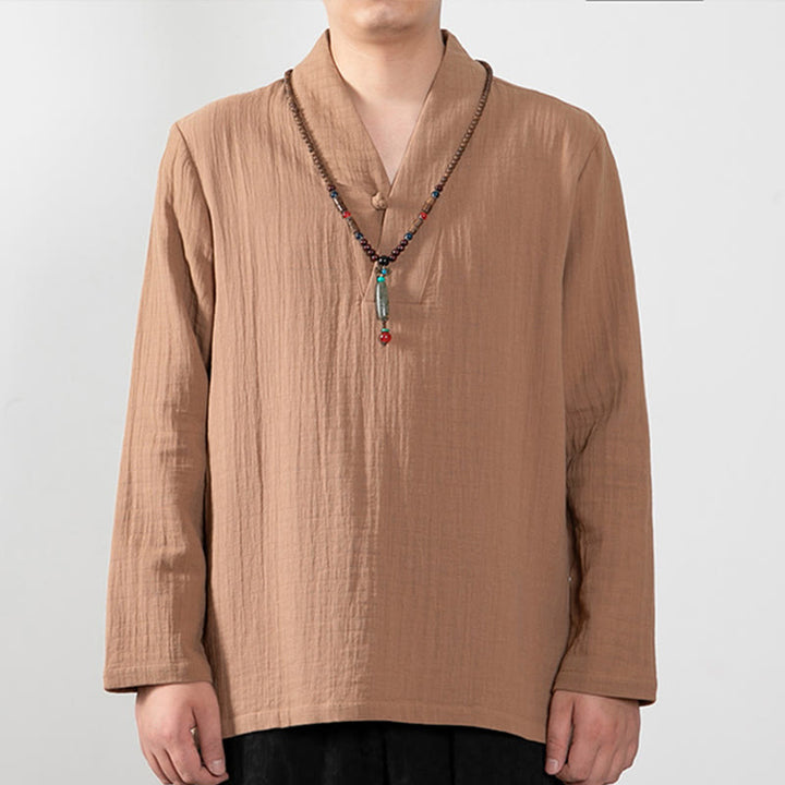 T-shirt à manches longues et col en V simple avec Buddha Stones en coton pour homme