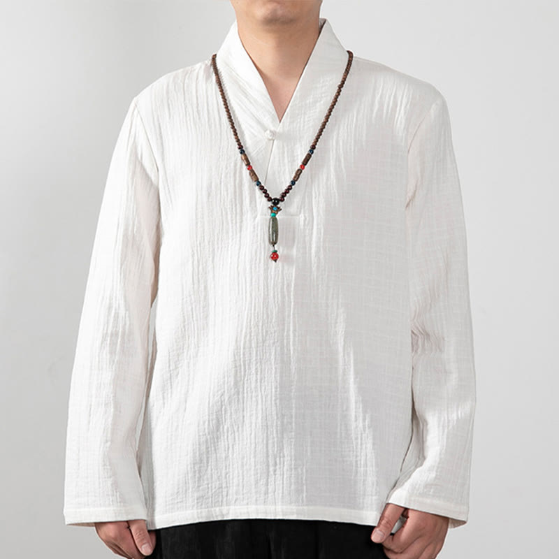 T-shirt à manches longues et col en V simple avec Buddha Stones en coton pour homme