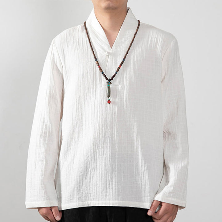 T-shirt à manches longues et col en V simple avec Buddha Stones en coton pour homme