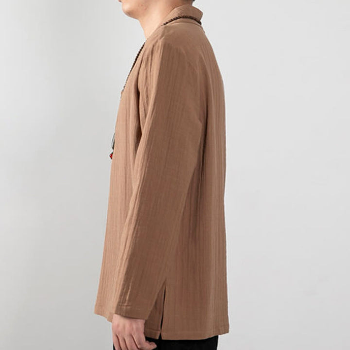 T-shirt à manches longues et col en V simple avec Buddha Stones en coton pour homme