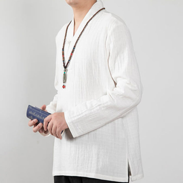 T-shirt à manches longues et col en V simple avec Buddha Stones en coton pour homme