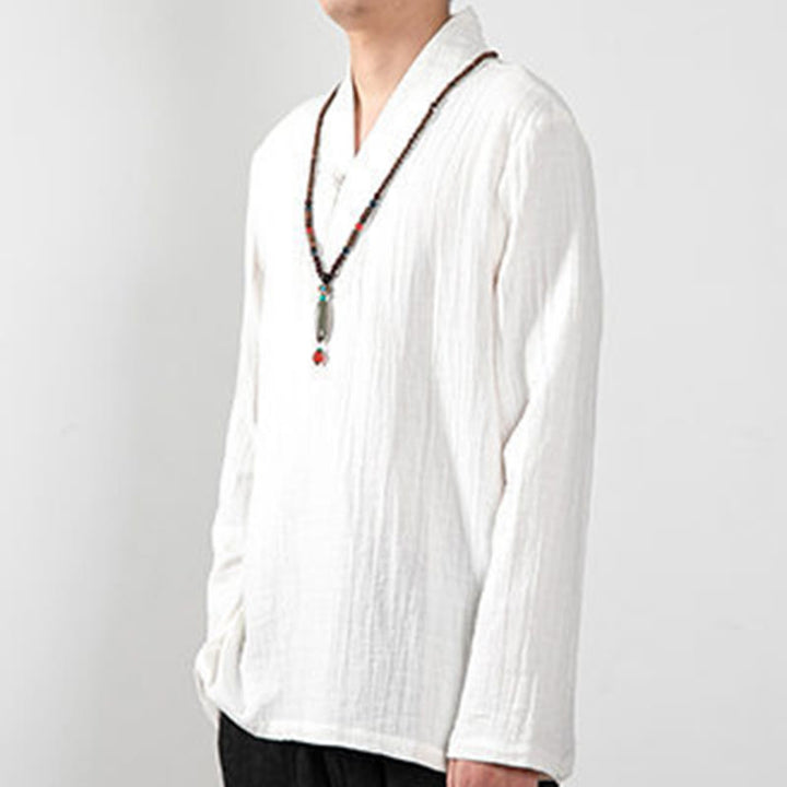 T-shirt à manches longues et col en V simple avec Buddha Stones en coton pour homme