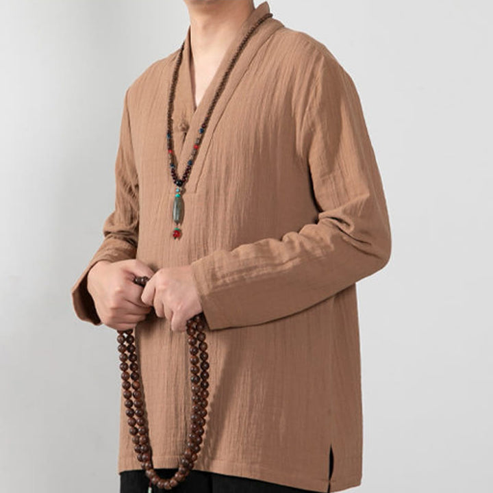 T-shirt à manches longues et col en V simple avec Buddha Stones en coton pour homme