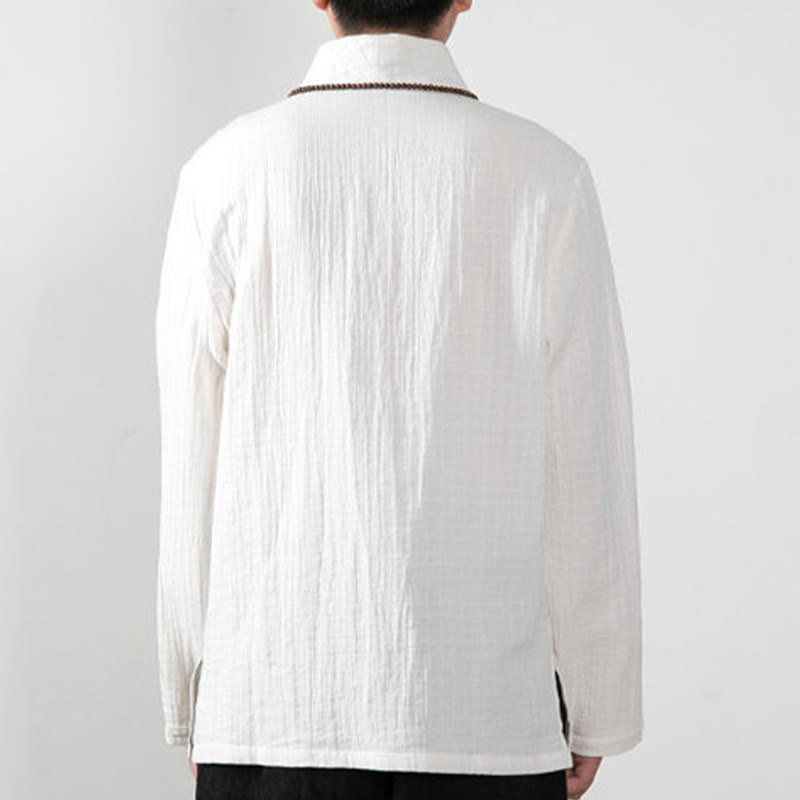 T-shirt à manches longues et col en V simple avec Buddha Stones en coton pour homme
