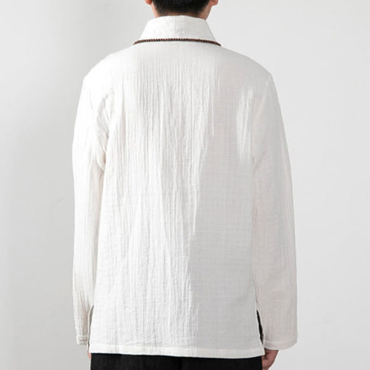 T-shirt à manches longues et col en V simple avec Buddha Stones en coton pour homme