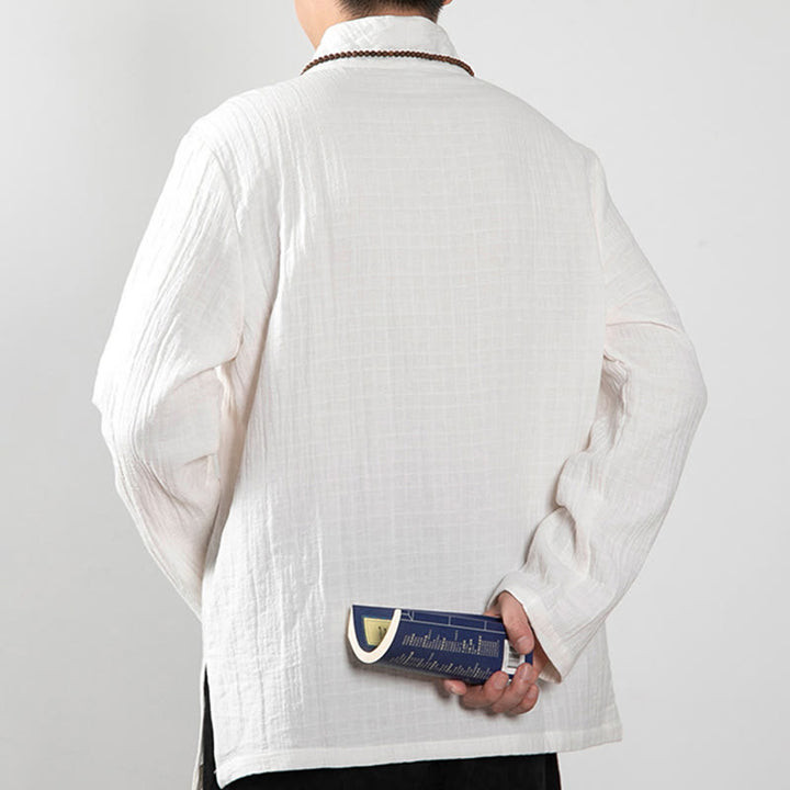 T-shirt à manches longues et col en V simple avec Buddha Stones en coton pour homme