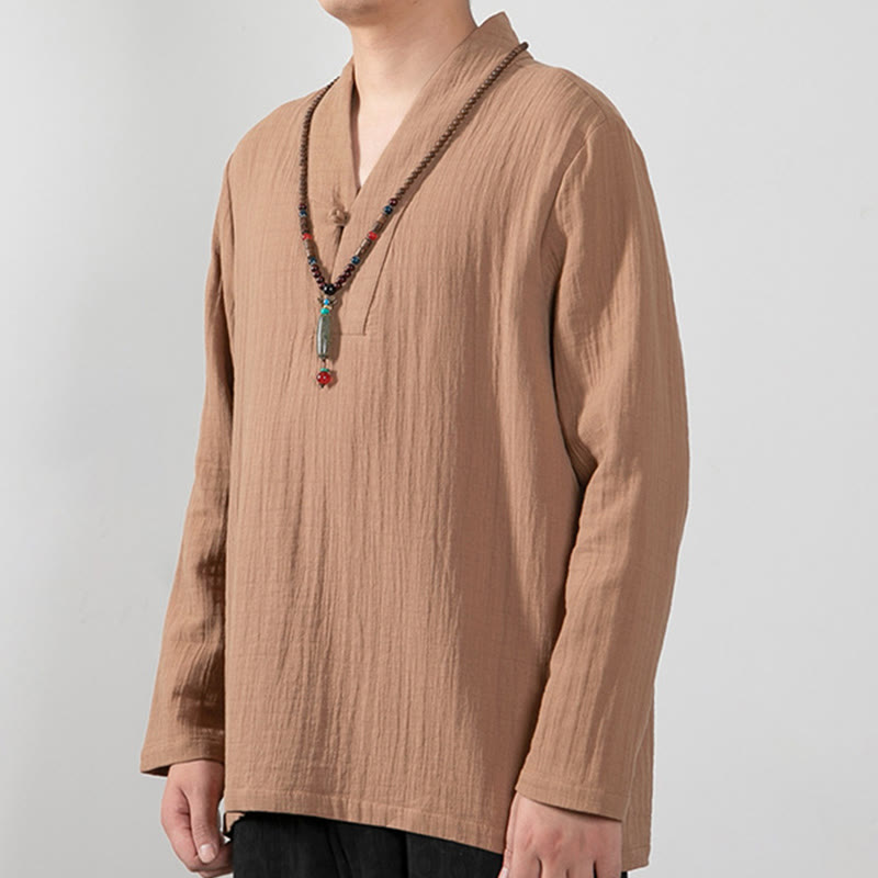 T-shirt à manches longues et col en V simple avec Buddha Stones en coton pour homme