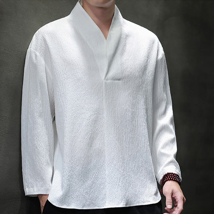 T-shirt à manches longues et col en V simple avec Buddha Stones pour hommes