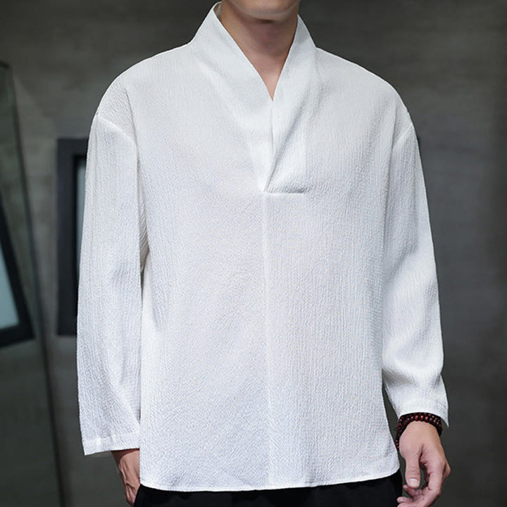 T-shirt à manches longues et col en V simple avec Buddha Stones pour hommes