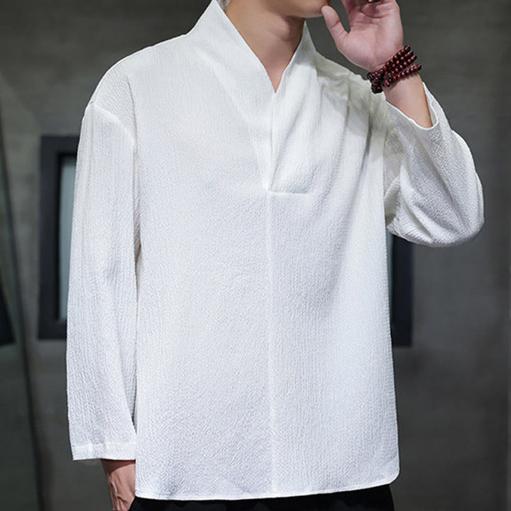 T-shirt à manches longues et col en V simple avec Buddha Stones pour hommes - image 4