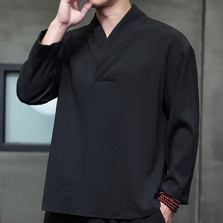 T-shirt à manches longues et col en V simple avec Buddha Stones pour hommes - image 12