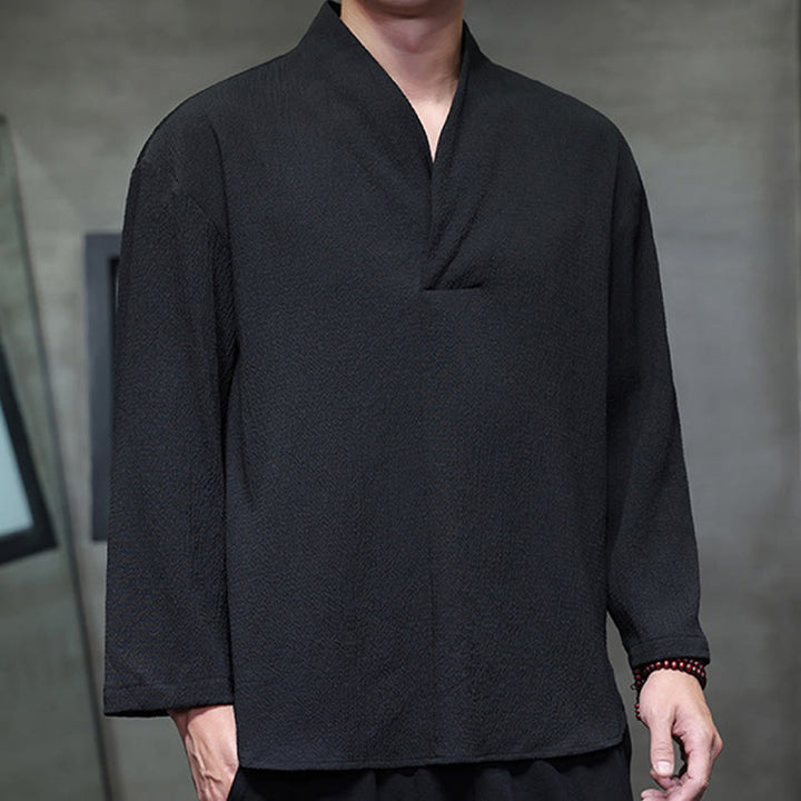 T-shirt à manches longues et col en V simple avec Buddha Stones pour hommes