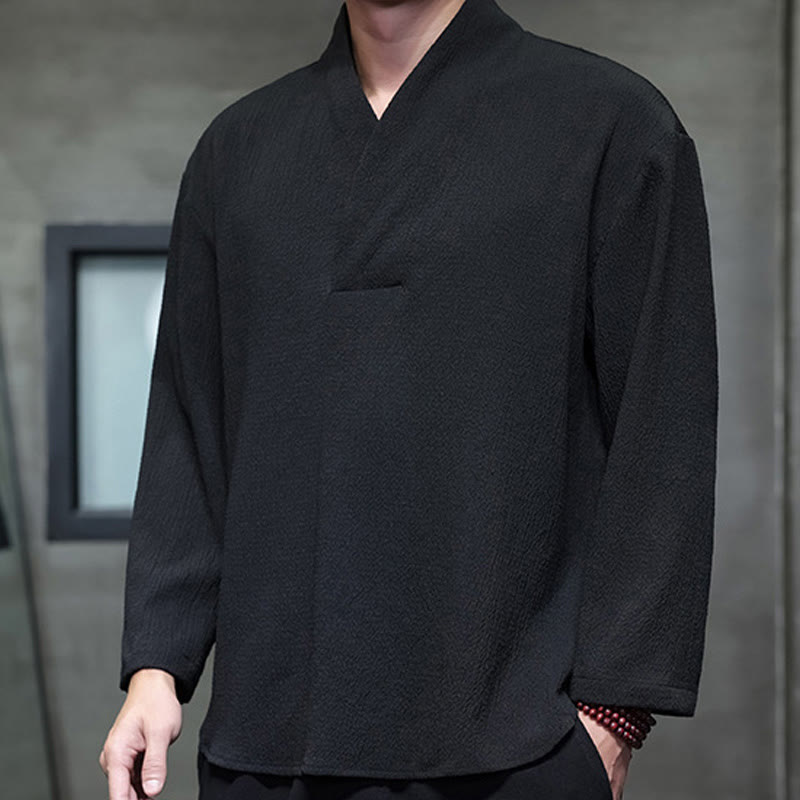 T-shirt à manches longues et col en V simple avec Buddha Stones pour hommes