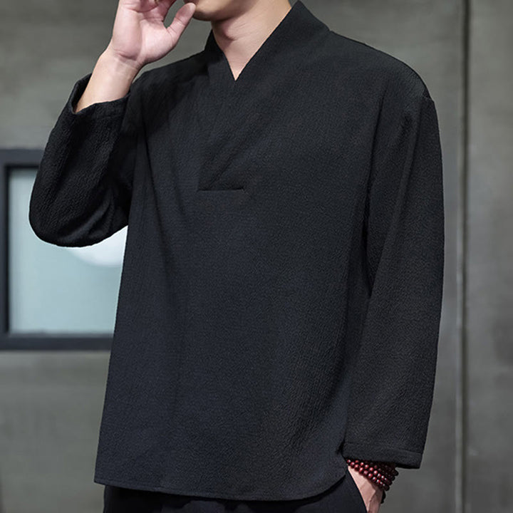 T-shirt à manches longues et col en V simple avec Buddha Stones pour hommes - image 15