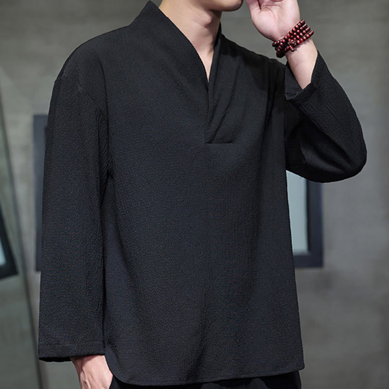 T-shirt à manches longues et col en V simple avec Buddha Stones pour hommes - image 16