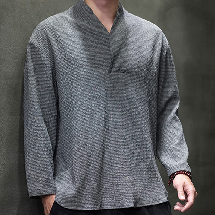 T-shirt à manches longues et col en V simple avec Buddha Stones pour hommes