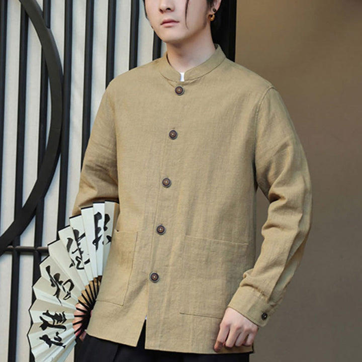 Veste-chemise à boutons en lin et coton avec doublure polaire et poches pour homme Buddha Stones