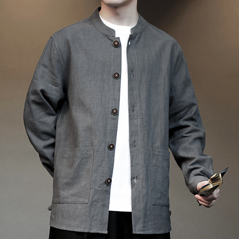Veste-chemise à boutons en lin et coton avec doublure polaire et poches pour homme Buddha Stones