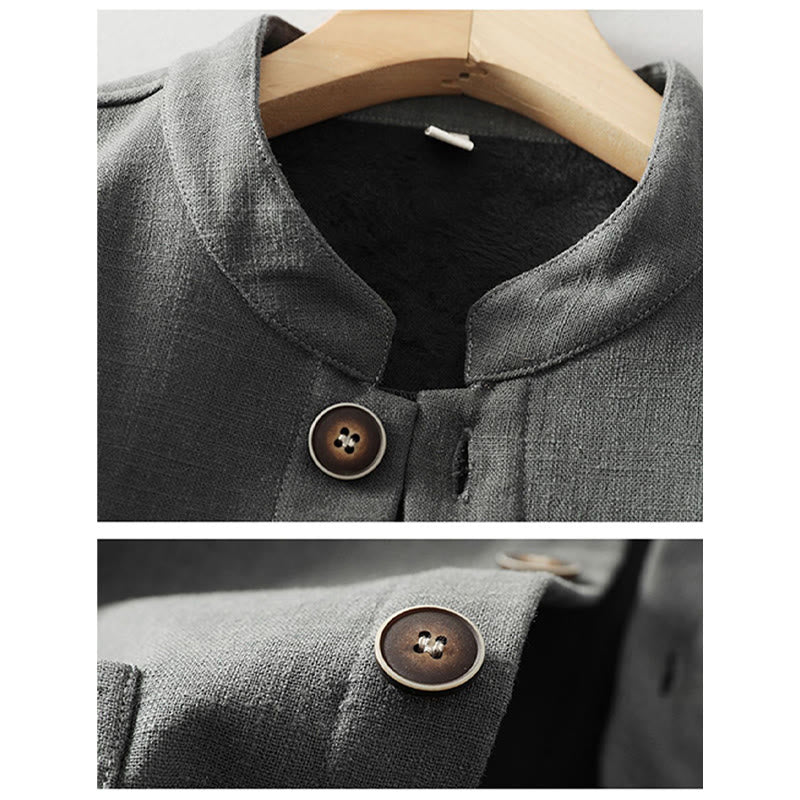 Veste-chemise à boutons en lin et coton avec doublure polaire et poches pour homme Buddha Stones