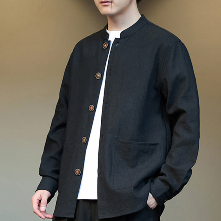 Veste-chemise à boutons en lin et coton avec doublure polaire et poches pour homme Buddha Stones