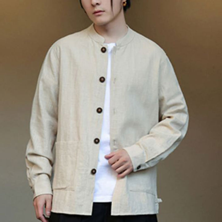 Veste-chemise à boutons en lin et coton avec doublure polaire et poches pour homme Buddha Stones