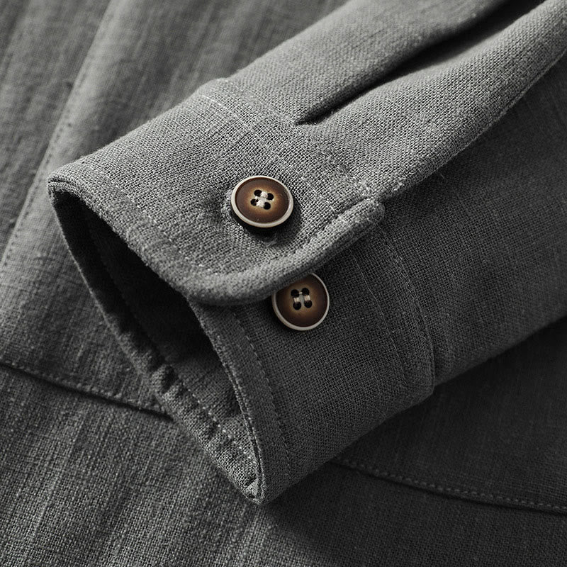 Veste-chemise à boutons en lin et coton avec doublure polaire et poches pour homme Buddha Stones