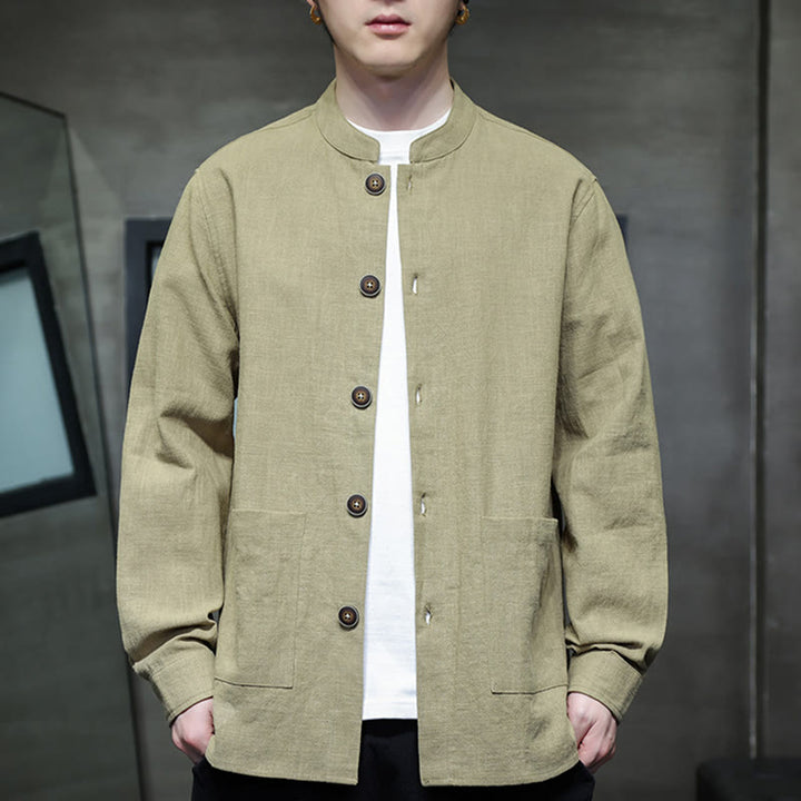 Veste-chemise à boutons en lin et coton avec doublure polaire et poches pour homme Buddha Stones