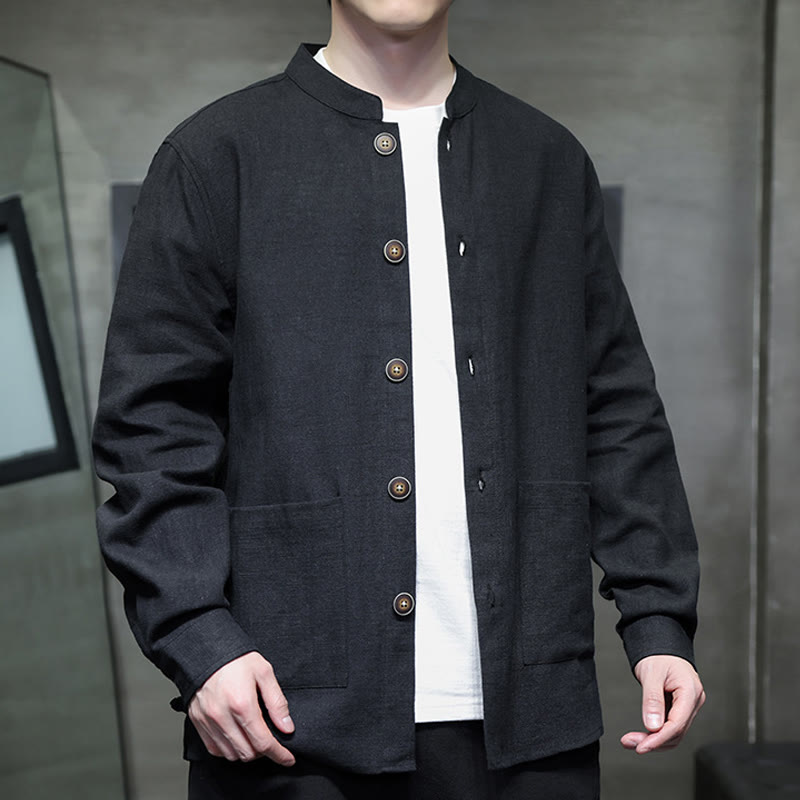 Veste-chemise à boutons en lin et coton avec doublure polaire et poches pour homme Buddha Stones