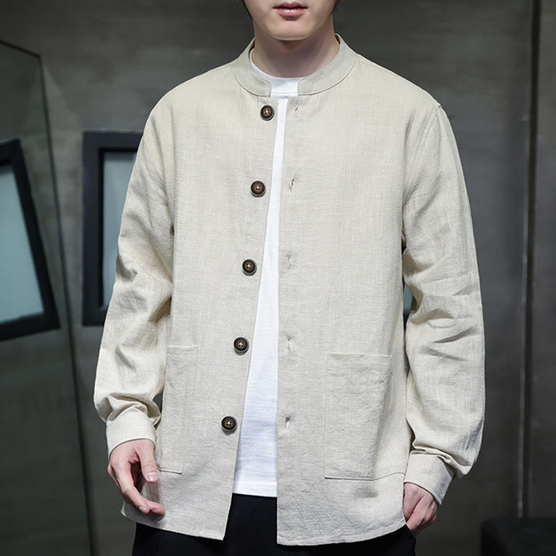 Veste-chemise à boutons en lin et coton avec doublure polaire et poches pour homme Buddha Stones