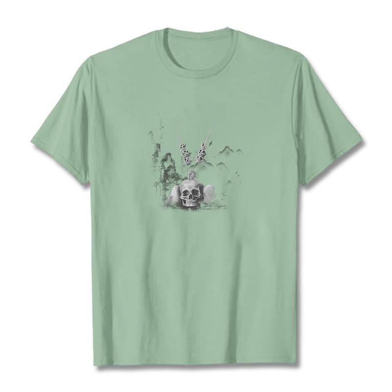 T-shirt avec pendentif en forme de nuages ​​et de crânes de forêt représentant des Buddha Stones tibétaines - Vert pâle - 2XL - image 16