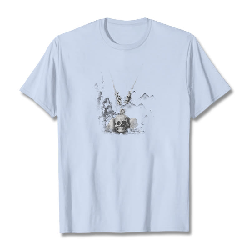 T-shirt avec pendentif en forme de nuages ​​et de crânes de forêt représentant des Buddha Stones tibétaines - Cyan clair - 2XL - image 13