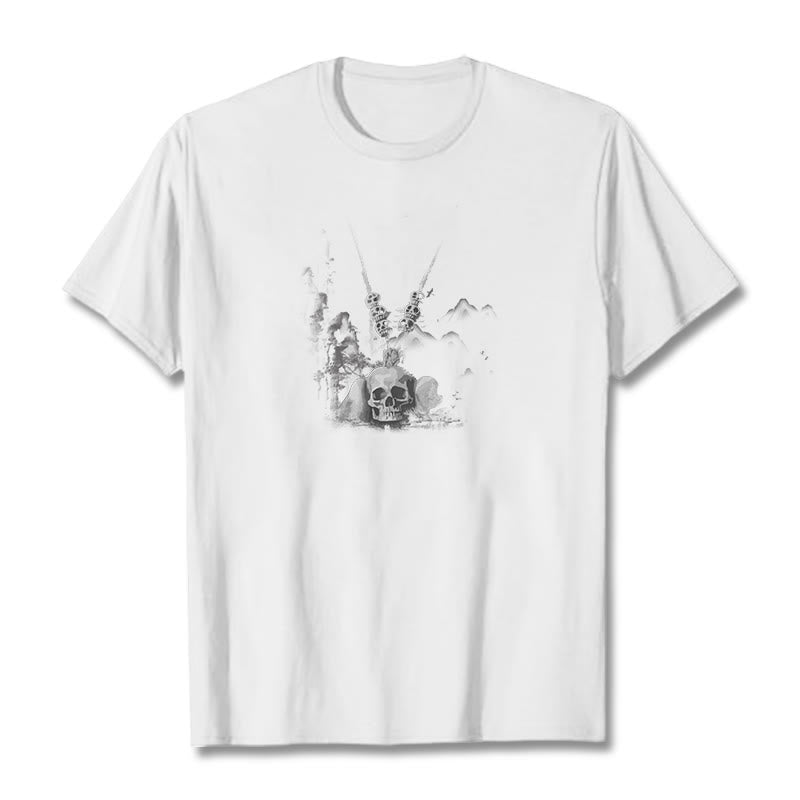 T-shirt avec pendentif en forme de nuages ​​et de crânes de forêt représentant des Buddha Stones tibétaines - Blanc - 2XL - image 1