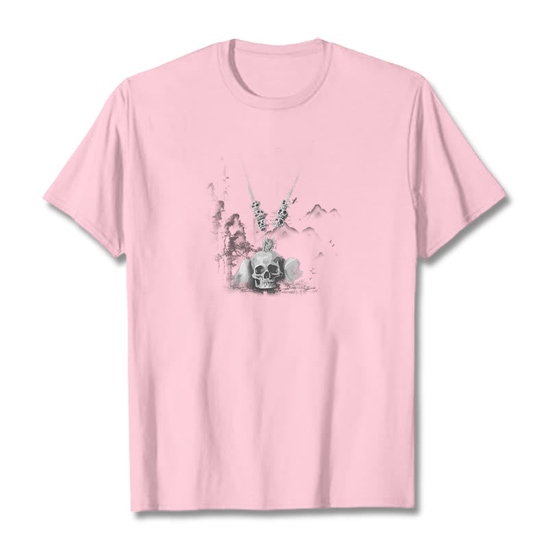 T-shirt avec pendentif en forme de nuages ​​et de crânes de forêt représentant des Buddha Stones tibétaines - Rose clair - 2XL - image 14