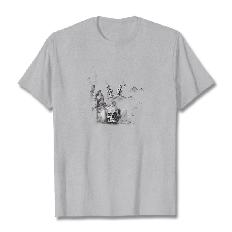 T-shirt avec pendentif en forme de nuages ​​et de crânes de forêt représentant des Buddha Stones tibétaines - Gris clair - 2XL - image 22