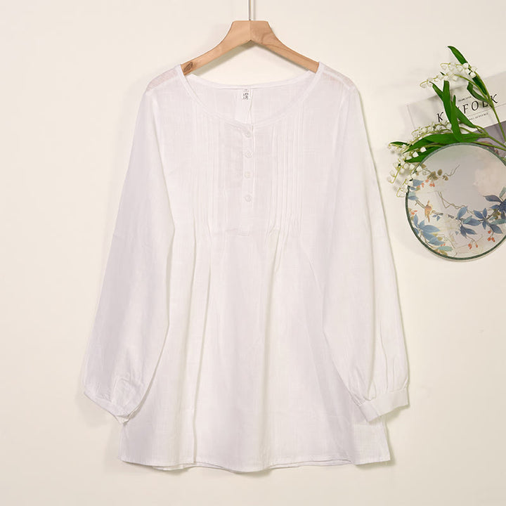 Chemise à manches longues plissée décontractée à col rond avec Buddha Stones Chemises pour femmes en coton et lin - Blanc - US/UK/AU46，EU56 (5XL) - image 5
