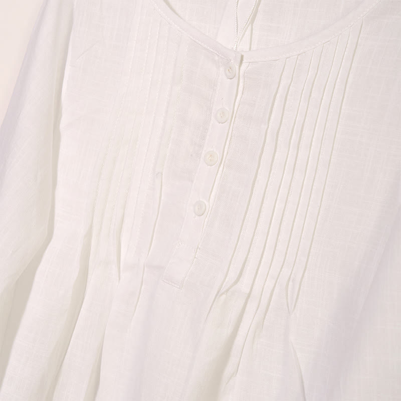 Chemise à manches longues plissée décontractée à col rond avec Buddha Stones Chemises pour femmes en coton et lin - image 7