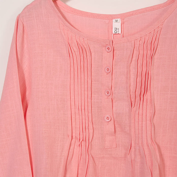 Chemise à manches longues plissée décontractée à col rond avec Buddha Stones Chemises pour femmes en coton et lin - image 10