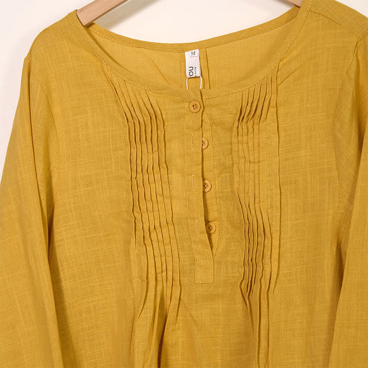 Chemise à manches longues plissée décontractée à col rond avec Buddha Stones Chemises pour femmes en coton et lin - image 2