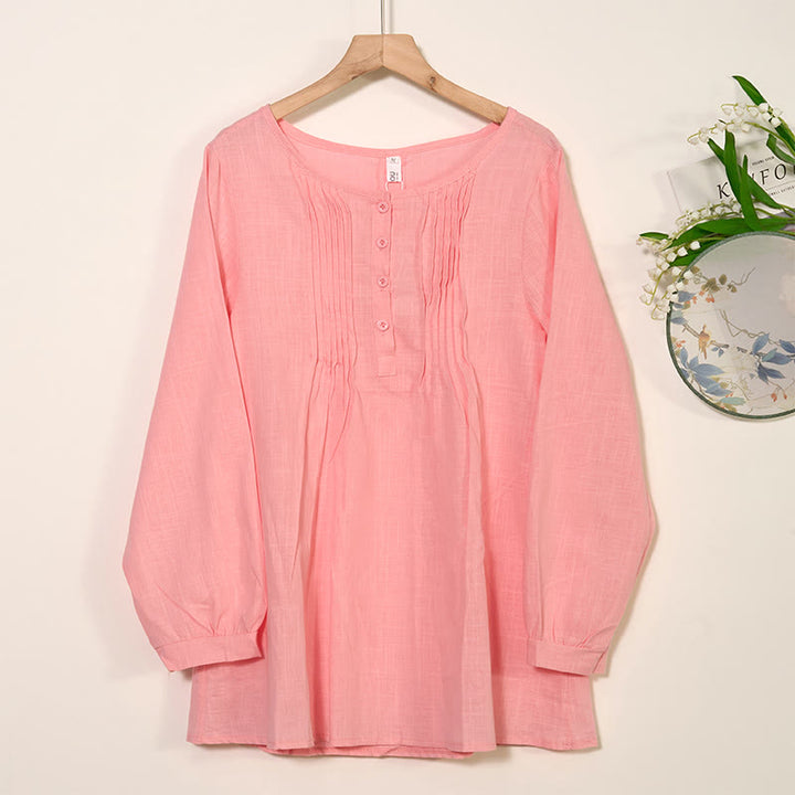 Chemise à manches longues plissée décontractée à col rond avec Buddha Stones Chemises pour femmes en coton et lin - Rose clair - US/UK/AU46，EU56 (5XL) - image 8