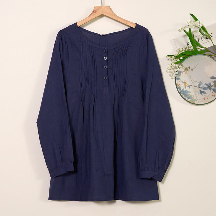 Chemise à manches longues plissée décontractée à col rond avec Buddha Stones Chemises pour femmes en coton et lin - Bleu nuit - US/UK/AU46，EU56 (5XL) - image 12
