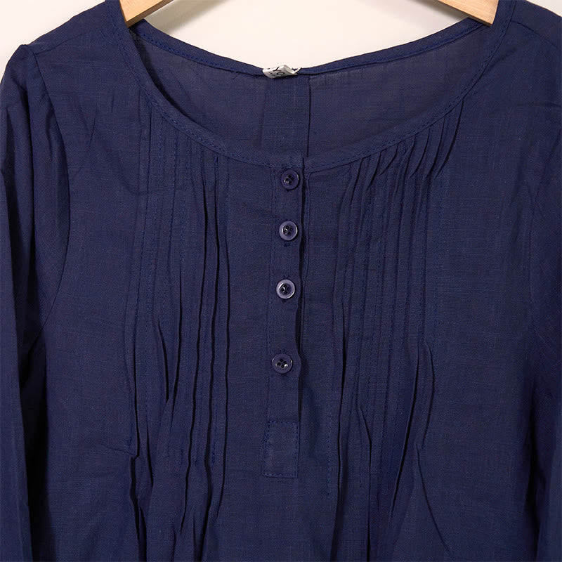 Chemise à manches longues plissée décontractée à col rond avec Buddha Stones Chemises pour femmes en coton et lin - image 14