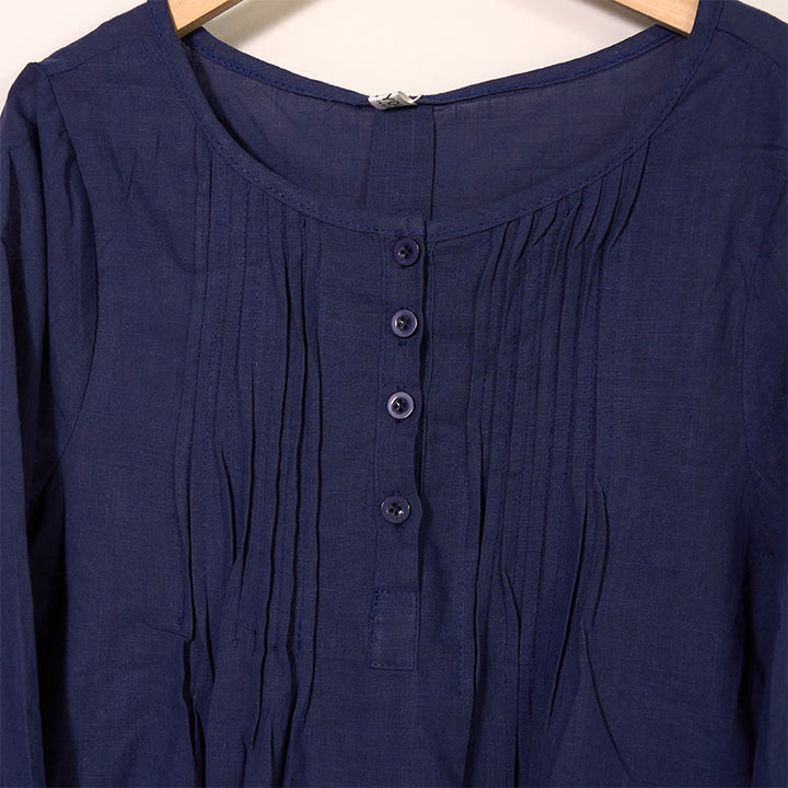 Chemise à manches longues plissée décontractée à col rond avec Buddha Stones Chemises pour femmes en coton et lin - image 14